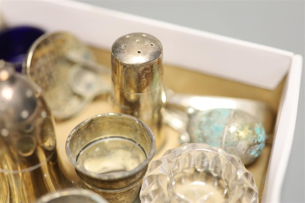 Eight assorted silver condiments including pair of Victorian mounted glass and a Georgian bun salt etc.